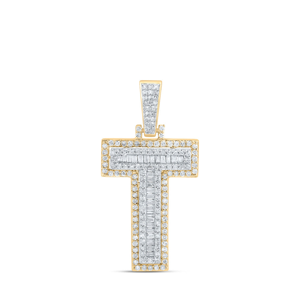 10K Yellow Gold Mens Baguette Diamond Initial Letter Charm Pendant