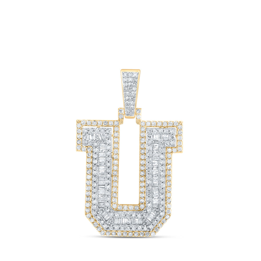 10K Yellow Gold Mens Baguette Diamond Initial Letter Charm Pendant