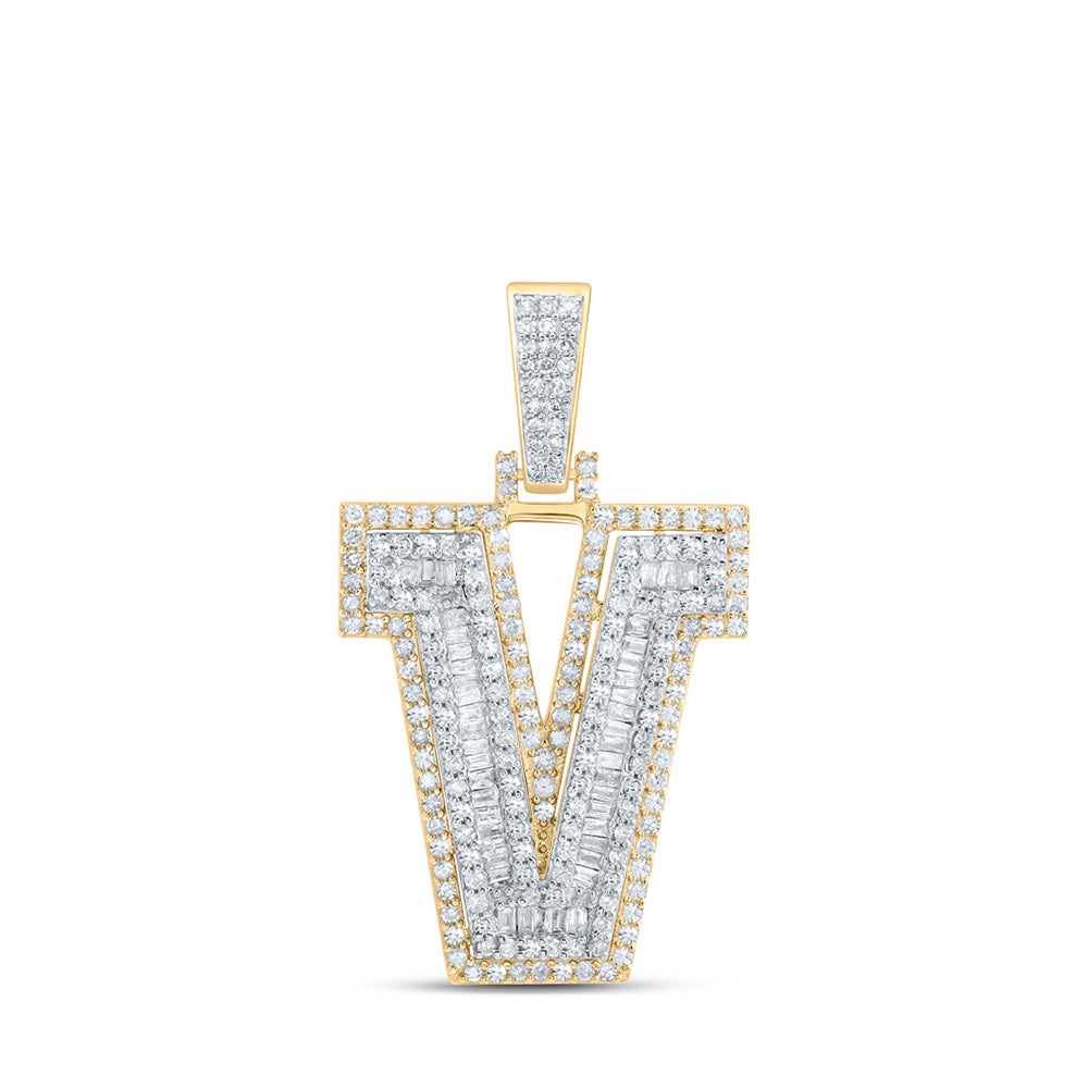 10K Yellow Gold Mens Baguette Diamond Initial Letter Charm Pendant