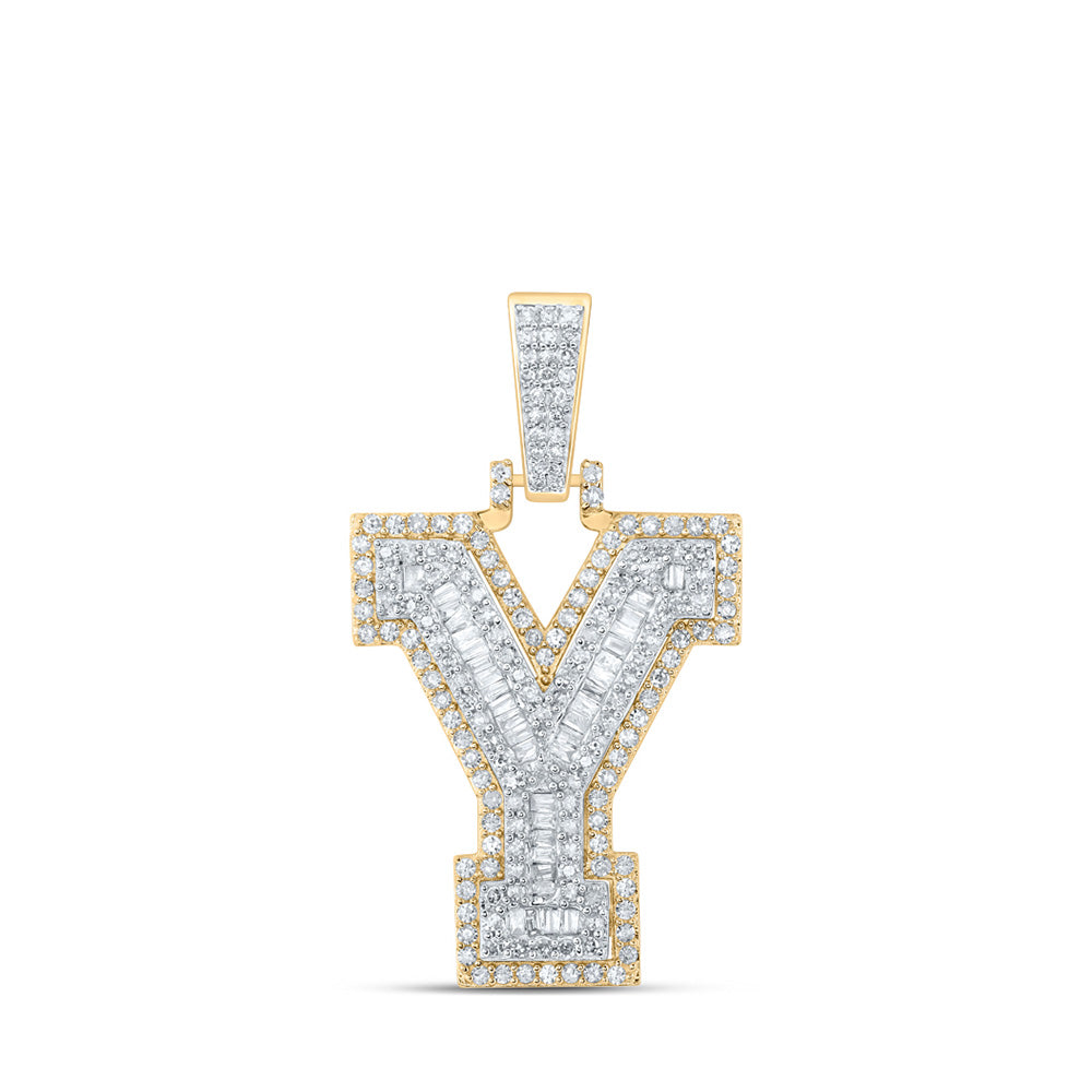 10K Yellow Gold Mens Baguette Diamond Initial Letter Charm Pendant