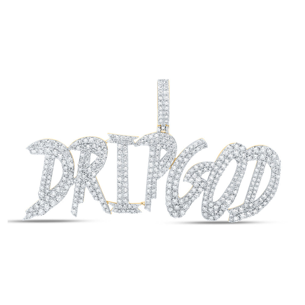 10K Yellow Gold Mens Round Diamond DRIP GOD Phrase Charm Pendant 6-5/8 Cttw