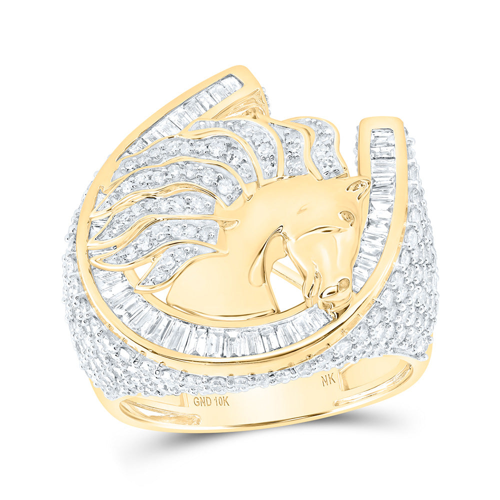 10K Yellow Gold Mens Baguette Diamond Horseshoe Ring 3-1/3 Cttw, Mens Size: 7-13