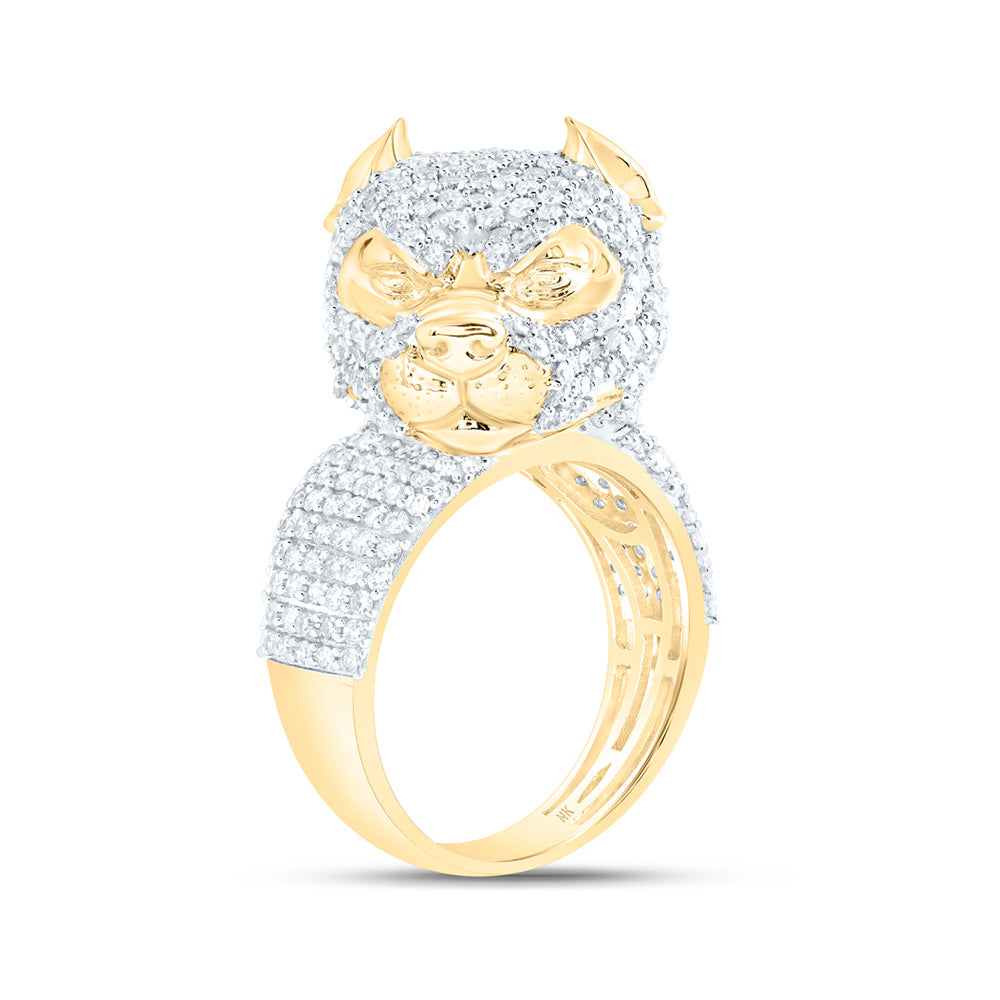 10K Yellow Gold Mens Round Diamond Dog Head Cluster Ring 4 Cttw, Mens Size: 7-13