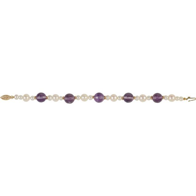 14K Yellow Gold Round 10 Mm 7 1/2 In Polished Natural Amethyst And Cultured White Freshwater Pearl Bracelet