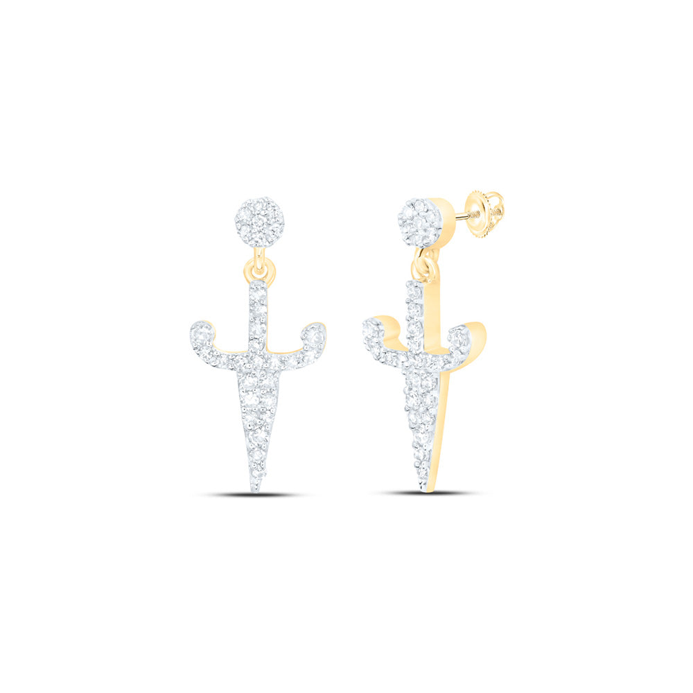 10K White Or Yellow Gold Womens Round Diamond Dagger Dangle Earrings