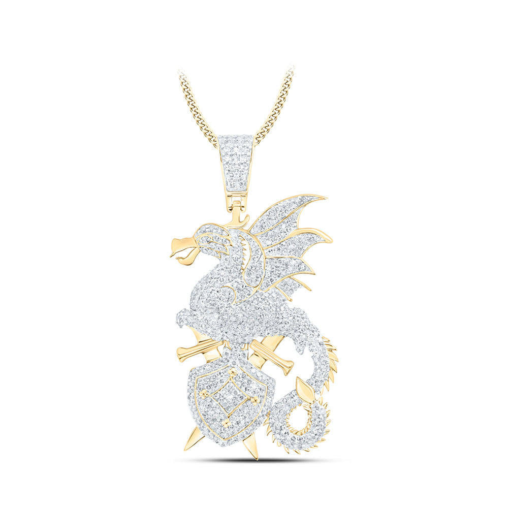 10K Yellow Gold Mens Round Diamond Dragon Sword Shield Charm Pendant 1-5/8 Cttw