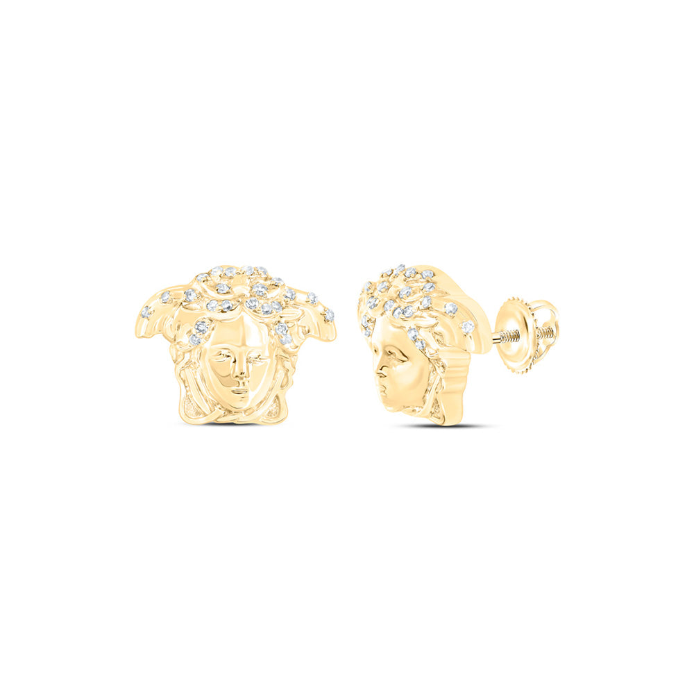10K Yellow Gold Round Diamond Medusa Stud Earrings 1/10 Cttw