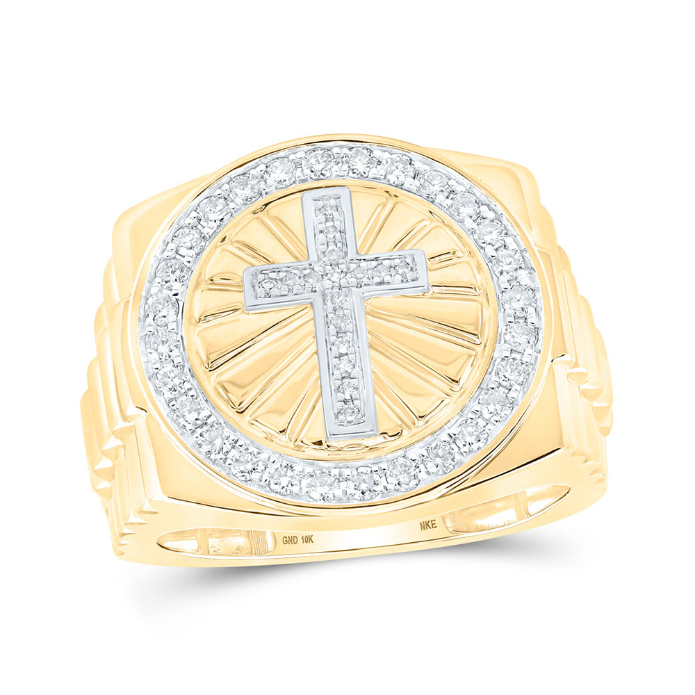 10K Yellow Gold Mens Round Diamond Cross Circle Ring 1/2 Cttw, Mens Size: 7-13