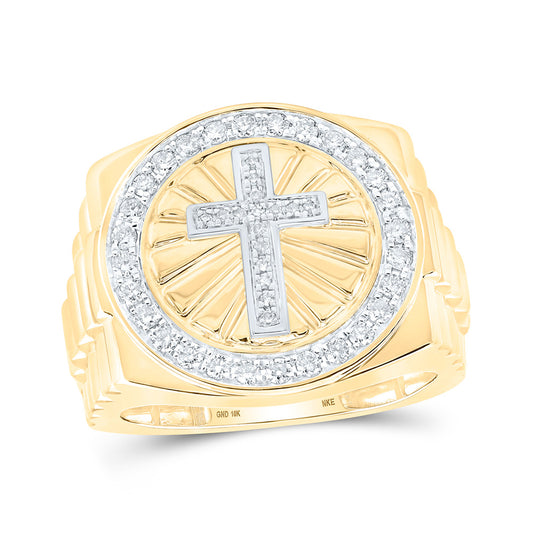 10K Yellow Gold Mens Round Diamond Cross Circle Ring 1/2 Cttw, Mens Size: 7-13