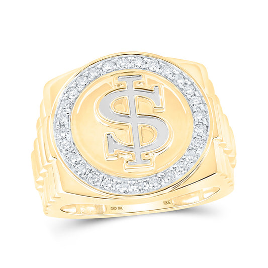 10K Yellow Gold Mens Round Diamond Dollar Sign Circle Ring 1/2 Cttw, Mens Size: 7-13