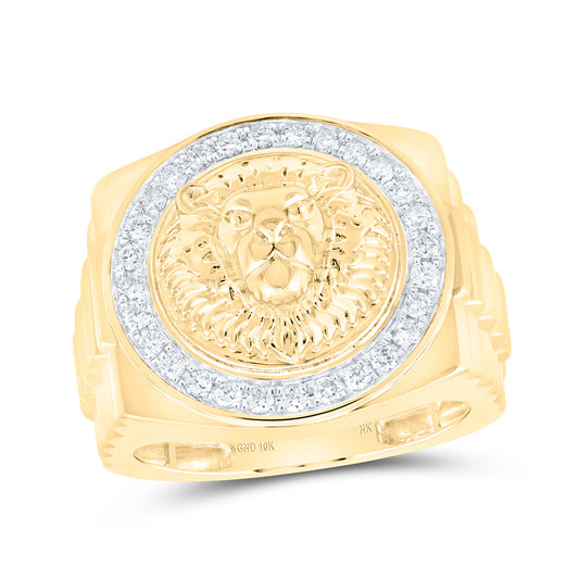10K Yellow Gold Mens Round Diamond Lion Face Circle Ring 1/2 Cttw, Mens Size: 7-13