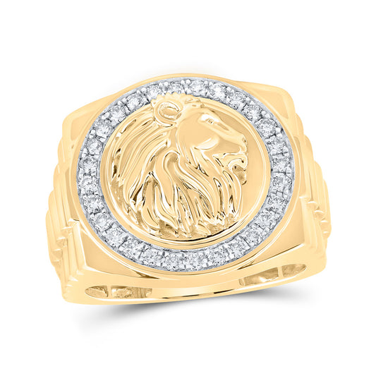10K Yellow Gold Mens Round Diamond Lion Face Circle Ring 1/2 Cttw, Mens Size: 7-13