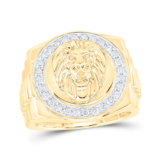 10K Yellow Gold Mens Round Diamond Lion Face Circle Ring 1/2 Cttw, Mens Size: 7-13