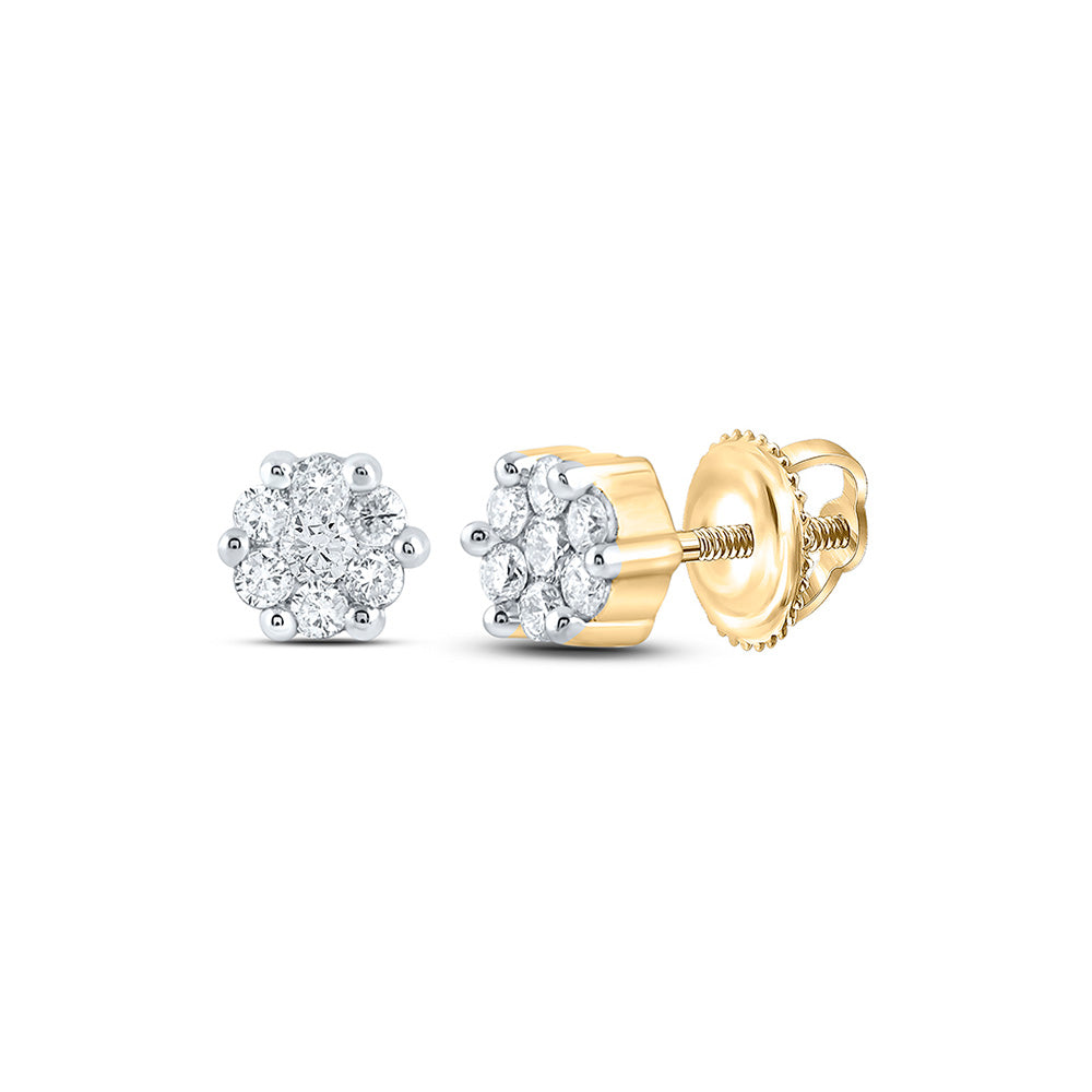 10K Yellow Or White Or Rose Gold Womens Round Diamond Flower Cluster Earrings