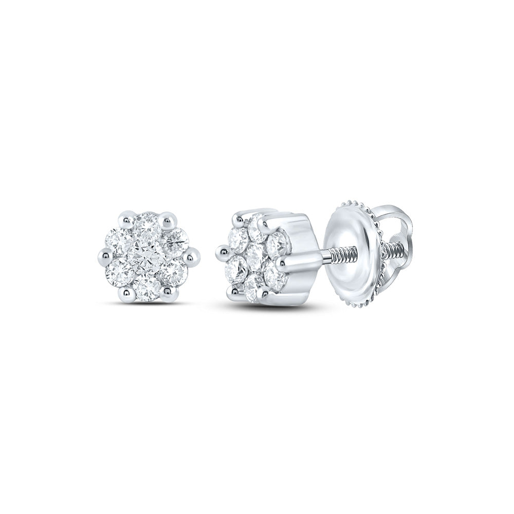 10K Yellow Or White Or Rose Gold Womens Round Diamond Flower Cluster Earrings