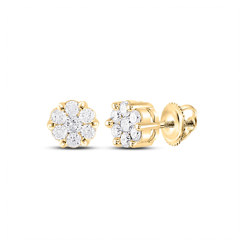 10K Yellow Or White Or Rose Gold Womens Round Diamond Flower Cluster Earrings