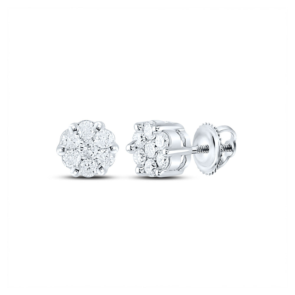 10K Yellow Or White Or Rose Gold Womens Round Diamond Flower Cluster Earrings