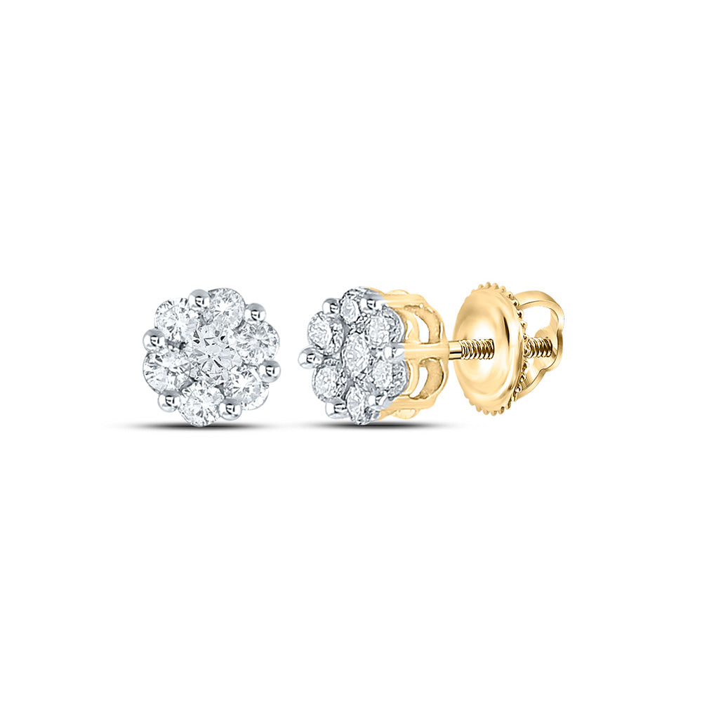 10K Yellow Or White Or Rose Gold Womens Round Diamond Flower Cluster Earrings