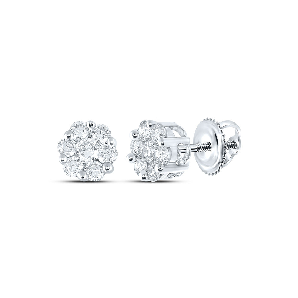 10K Yellow Or White Or Rose Gold Womens Round Diamond Flower Cluster Earrings