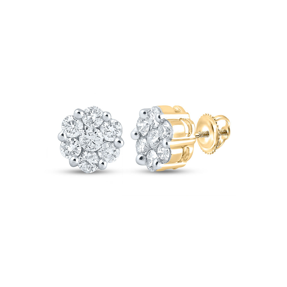 14K White Or Yellow Gold Womens Round Diamond Flower Cluster Earrings