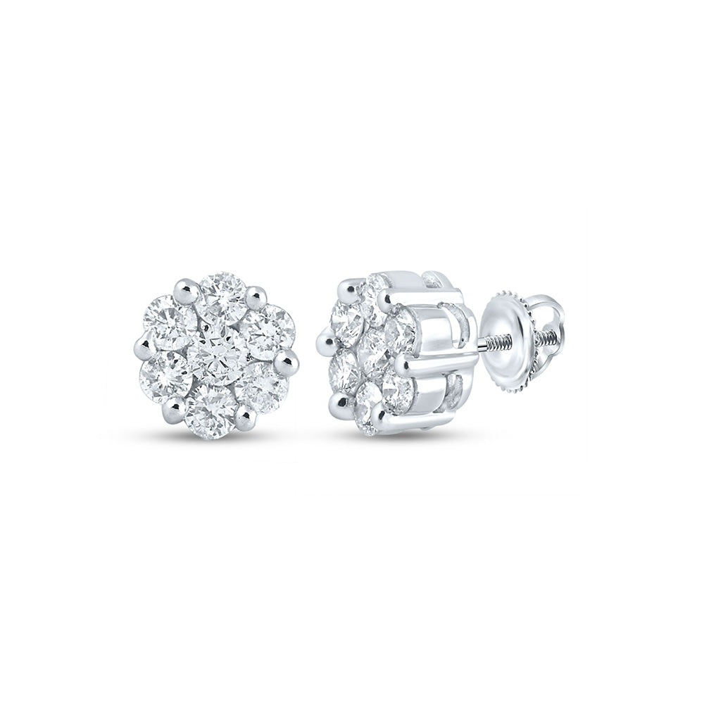 14K White Or Yellow Gold Womens Round Diamond Flower Cluster Earrings