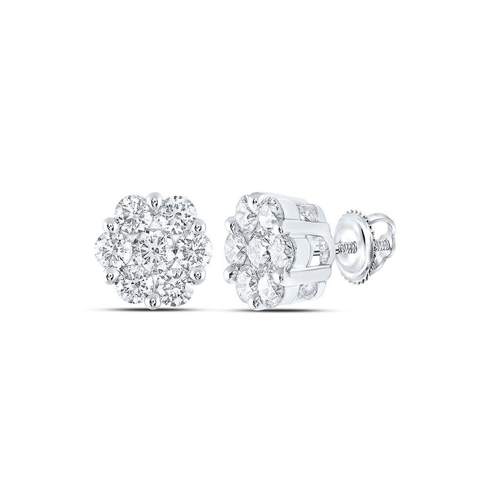 14K White Or Yellow Gold Womens Round Diamond Flower Cluster Earrings