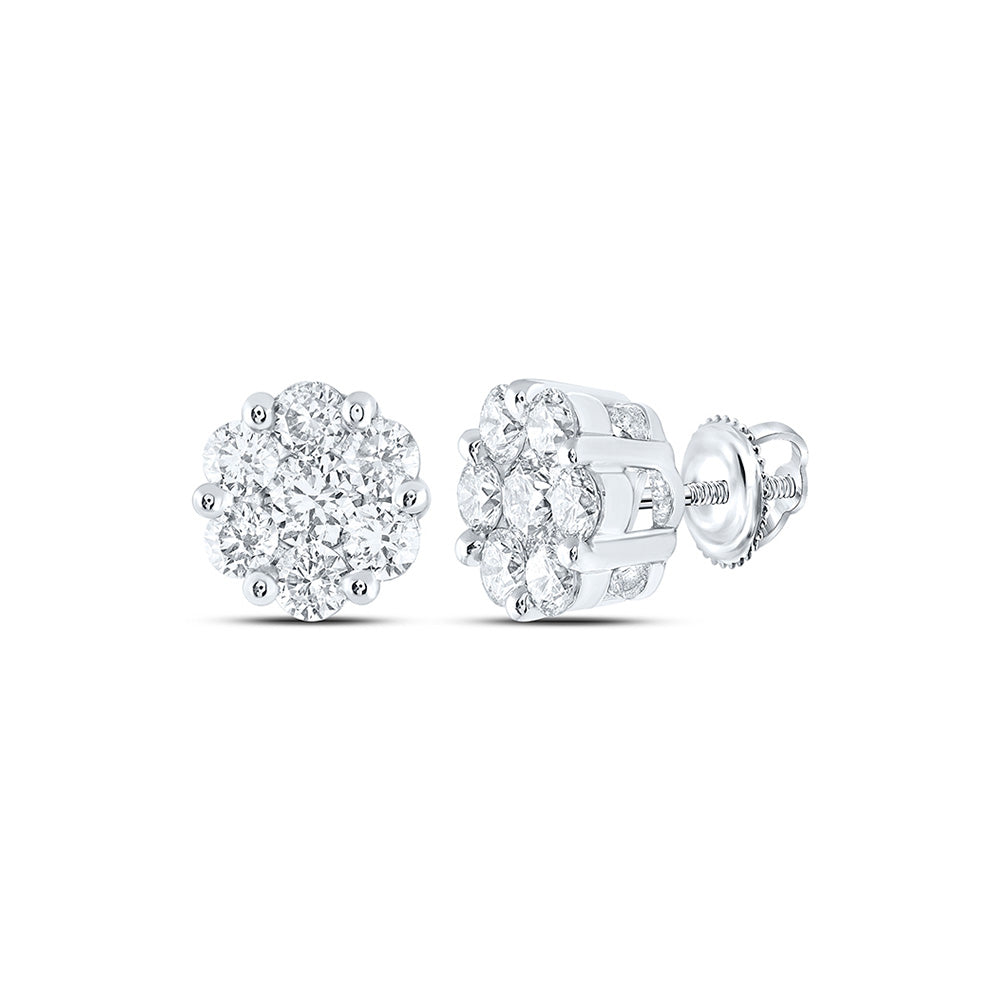14K White Or Yellow Gold Womens Round Diamond Flower Cluster Earrings