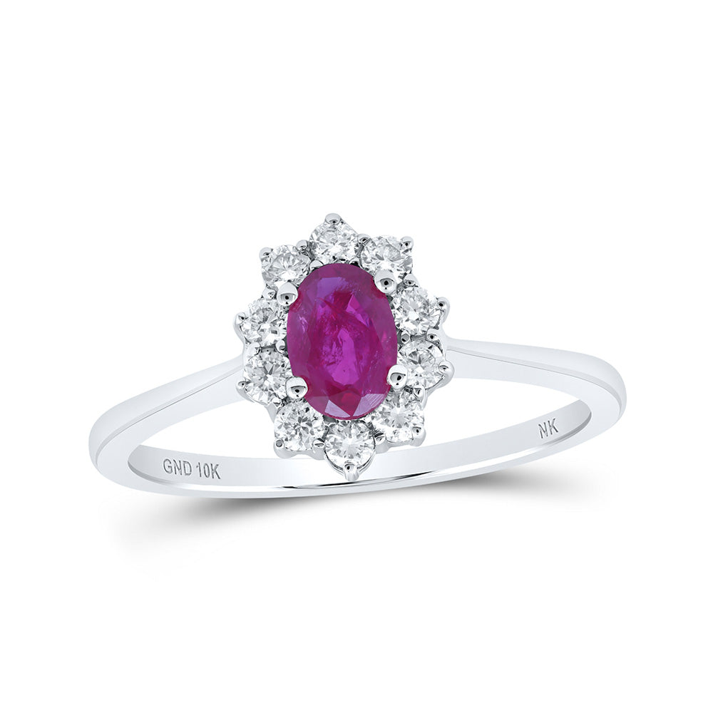 10K White Or Rose Gold Womens Oval Ruby Diamond Halo Ring , Womens Size: 5-10