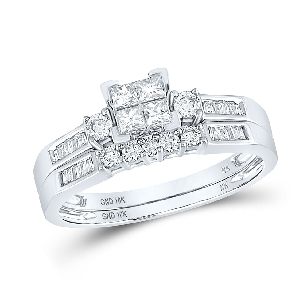 10K White Or Yellow Gold Princess Diamond Square Bridal Wedding Ring Band Set , Womens Size: 5-10