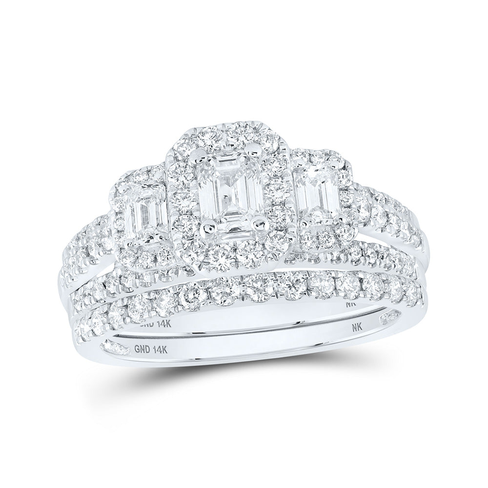 14K White Gold Emerald Diamond 3-Stone Halo Bridal Wedding Ring Band Set 1-1/2 Cttw, Womens Size: 5-10