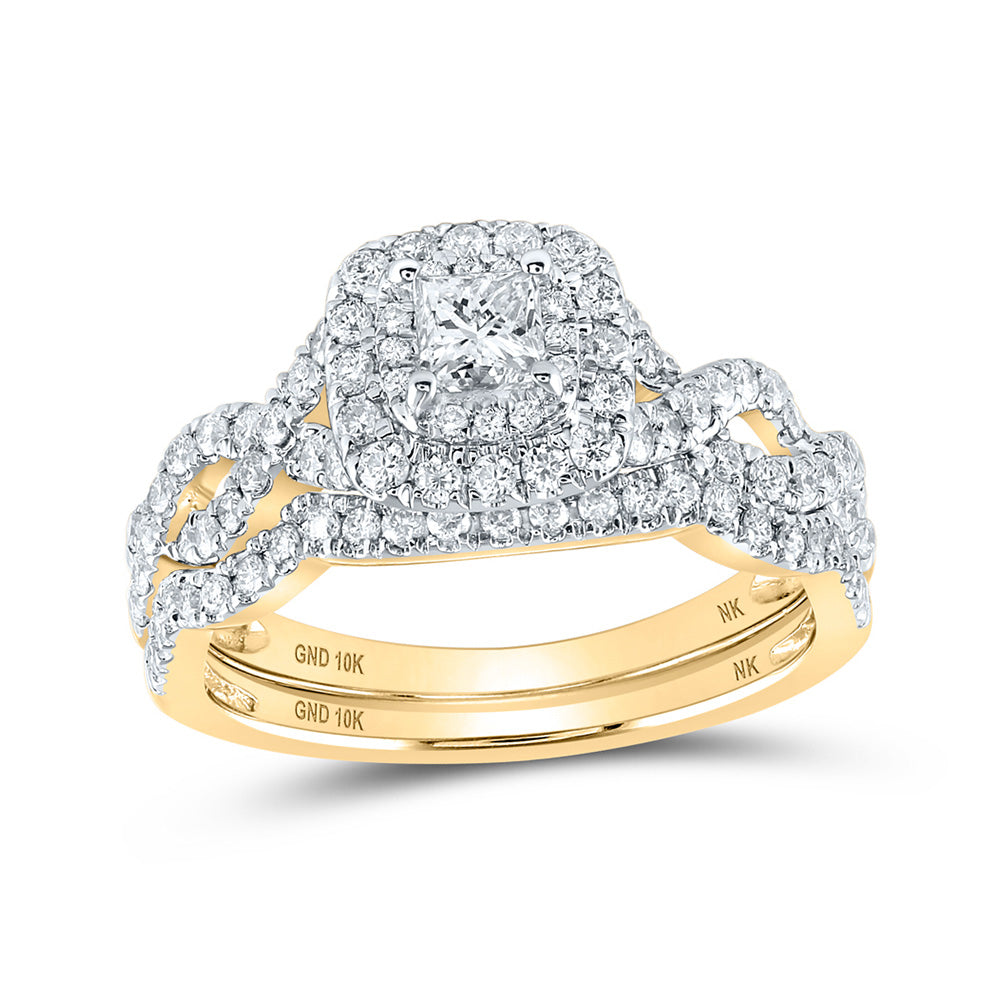 10K White Or Yellow Gold Princess Diamond Halo Bridal Wedding Ring Band Set , Womens Size: 5-10