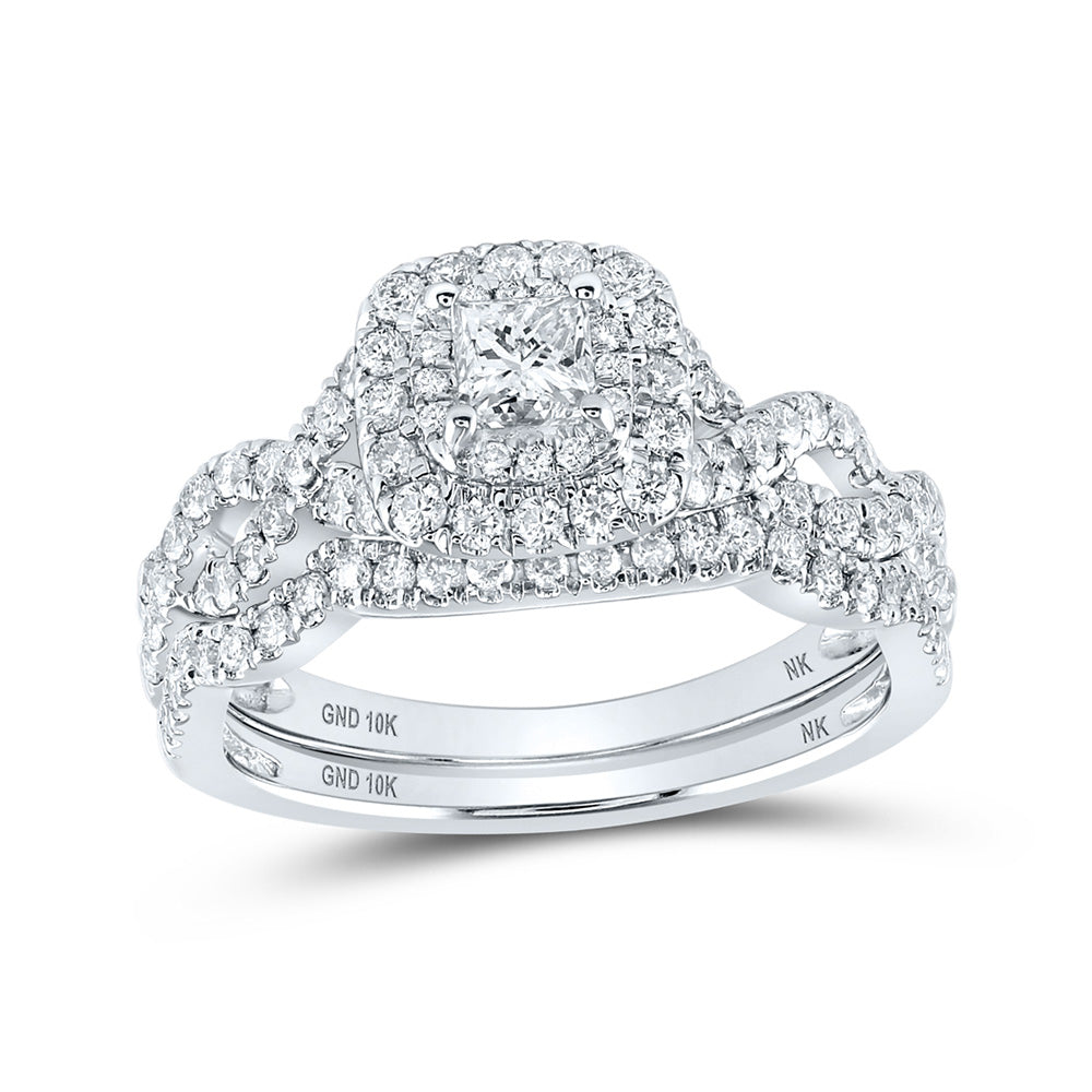 10K White Or Yellow Gold Princess Diamond Halo Bridal Wedding Ring Band Set , Womens Size: 5-10
