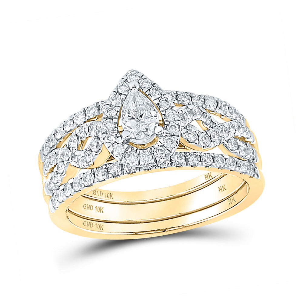 10K White Or Yellow Gold Pear Diamond 3-Piece Bridal Wedding Ring Band Set , Womens Size: 5-10