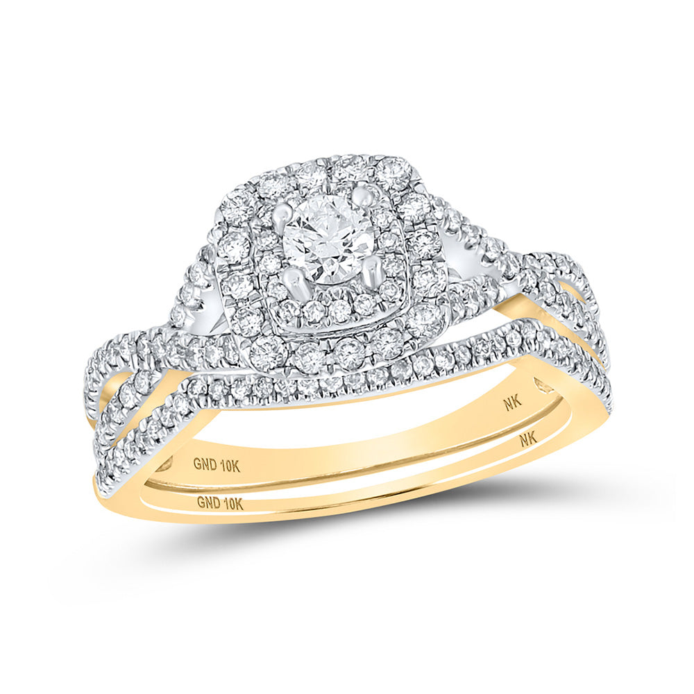 10K Yellow Gold Round Diamond Halo Bridal Wedding Ring Band Set 3/4 Cttw, Womens Size: 5-10
