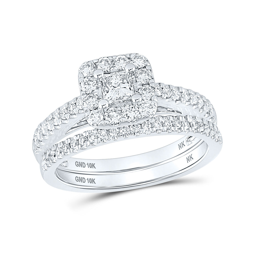10K White Gold Princess Diamond Halo Bridal Wedding Ring Band Set 1 Cttw, Womens Size: 5-10