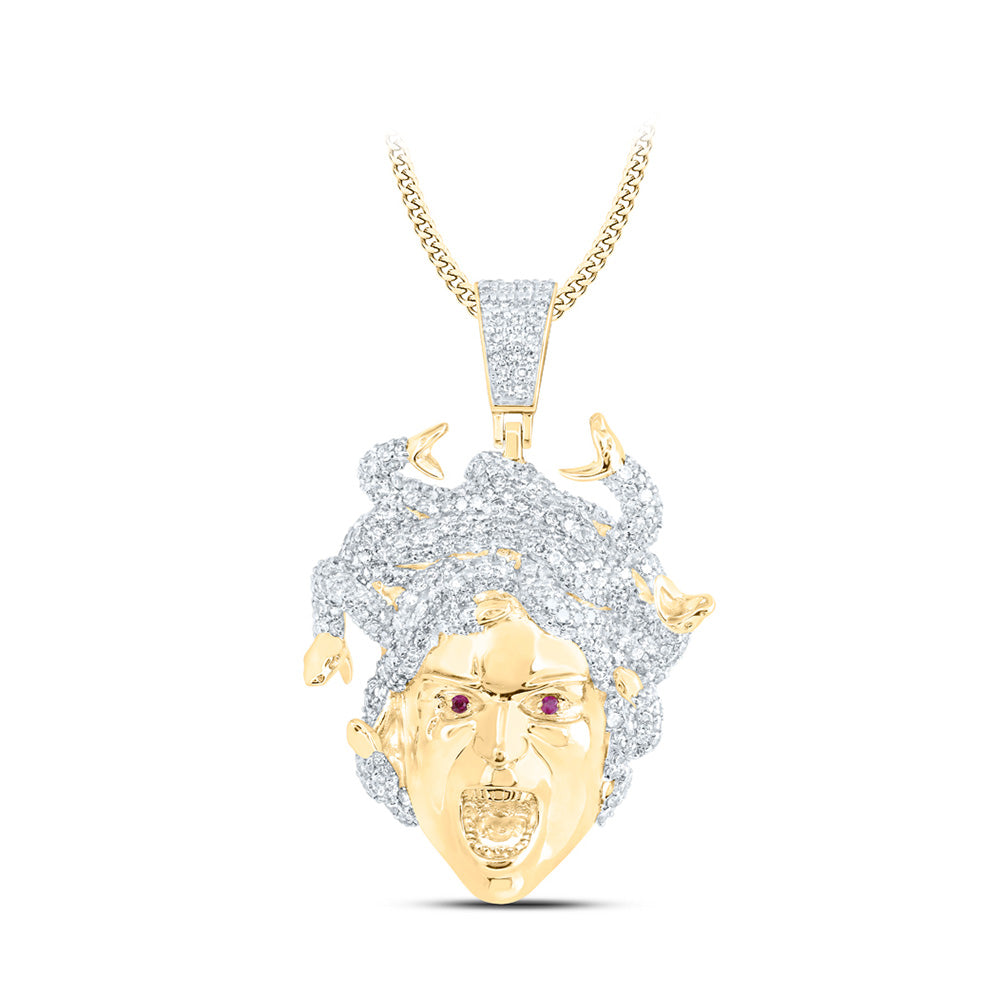 10K Yellow Gold Mens Round Diamond Medusa Face Charm Pendant 2-5/8 Cttw