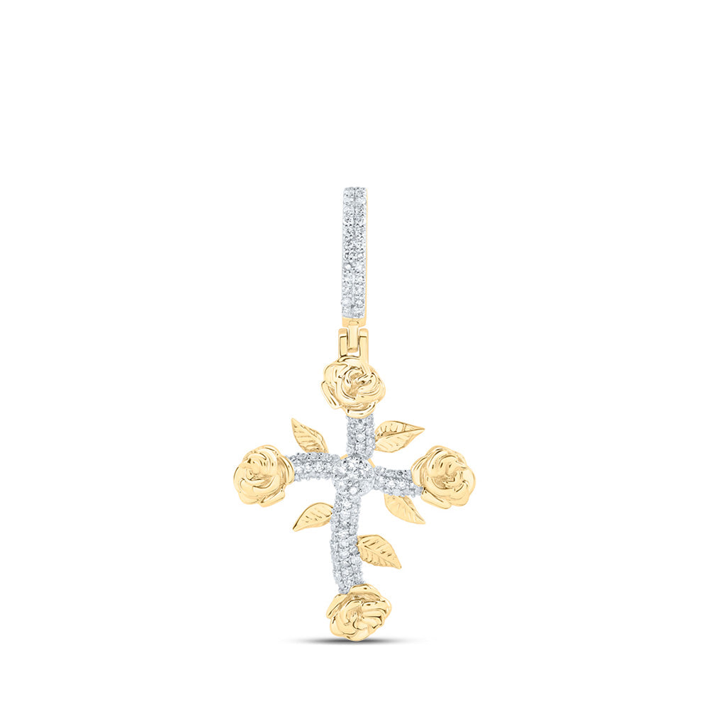10K Yellow Gold Mens Round Diamond Rose Cross Charm Pendant 1/3 Cttw