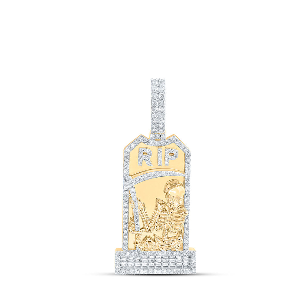 10K Yellow Gold Mens Baguette Diamond RIP Grim Reaper Tombstone Charm Pendant 1-1/5 Cttw