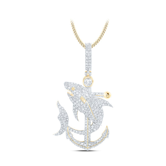 10K Yellow Gold Mens Round Diamond Shark Anchor Charm Pendant 3-1/4 Cttw
