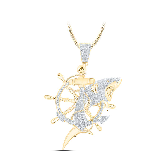 10K Yellow Gold Mens Round Diamond Shark Nautical Wheel Charm Pendant 2 Cttw