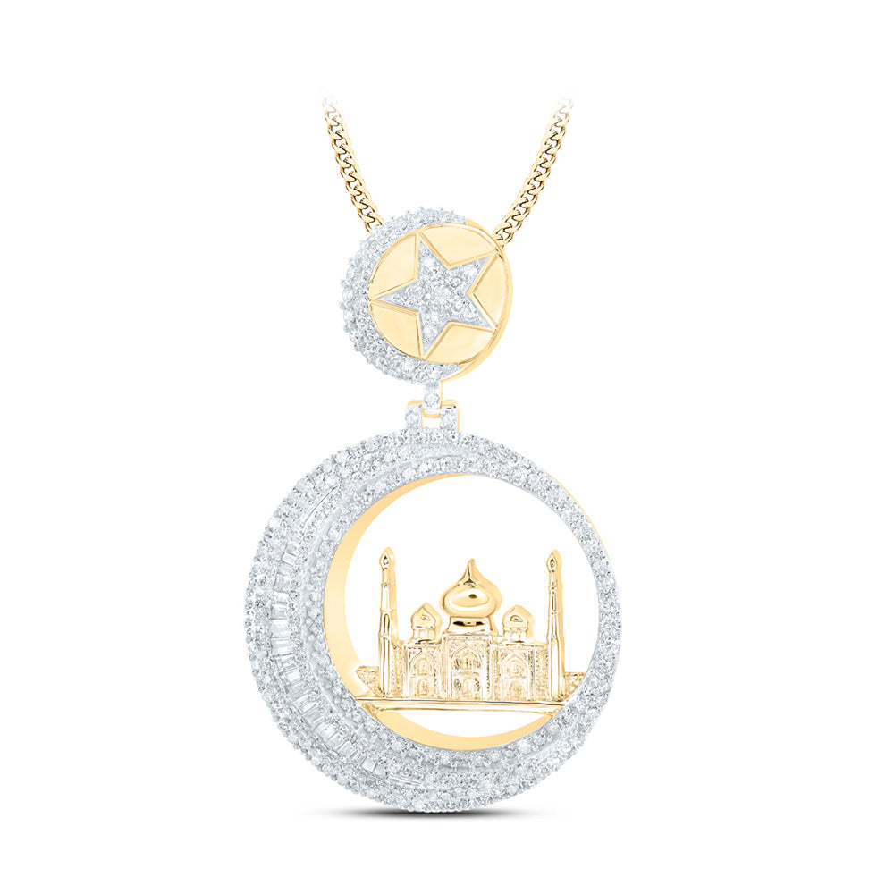 10K Yellow Gold Mens Round Diamond Crescent Star Mosque Masjid Charm Pendant 2 Cttw