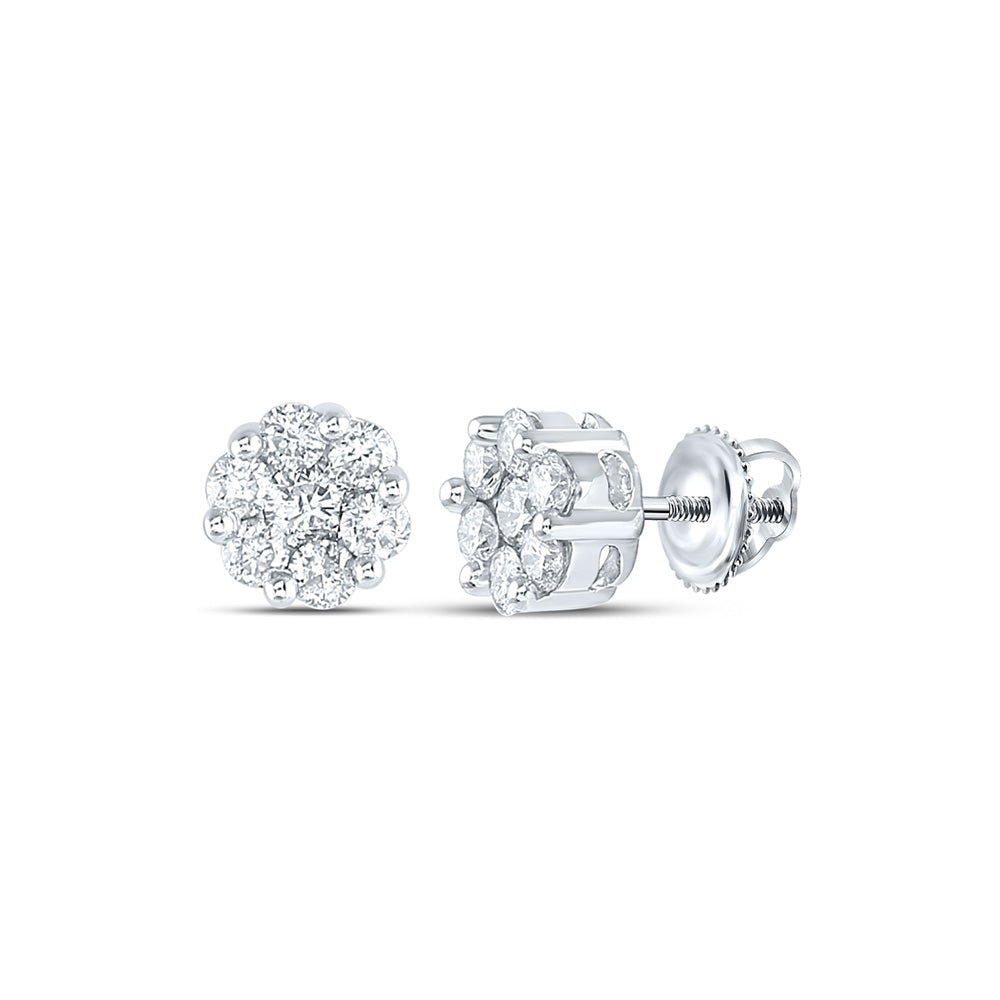 14K White Or Yellow Gold Womens Round Diamond Flower Cluster Earrings