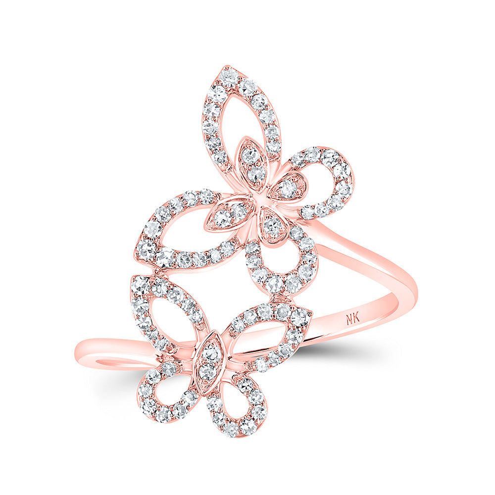 10K White Or Rose Gold Womens Round Diamond Double Butterfly Ring , Womens Size: 5-10