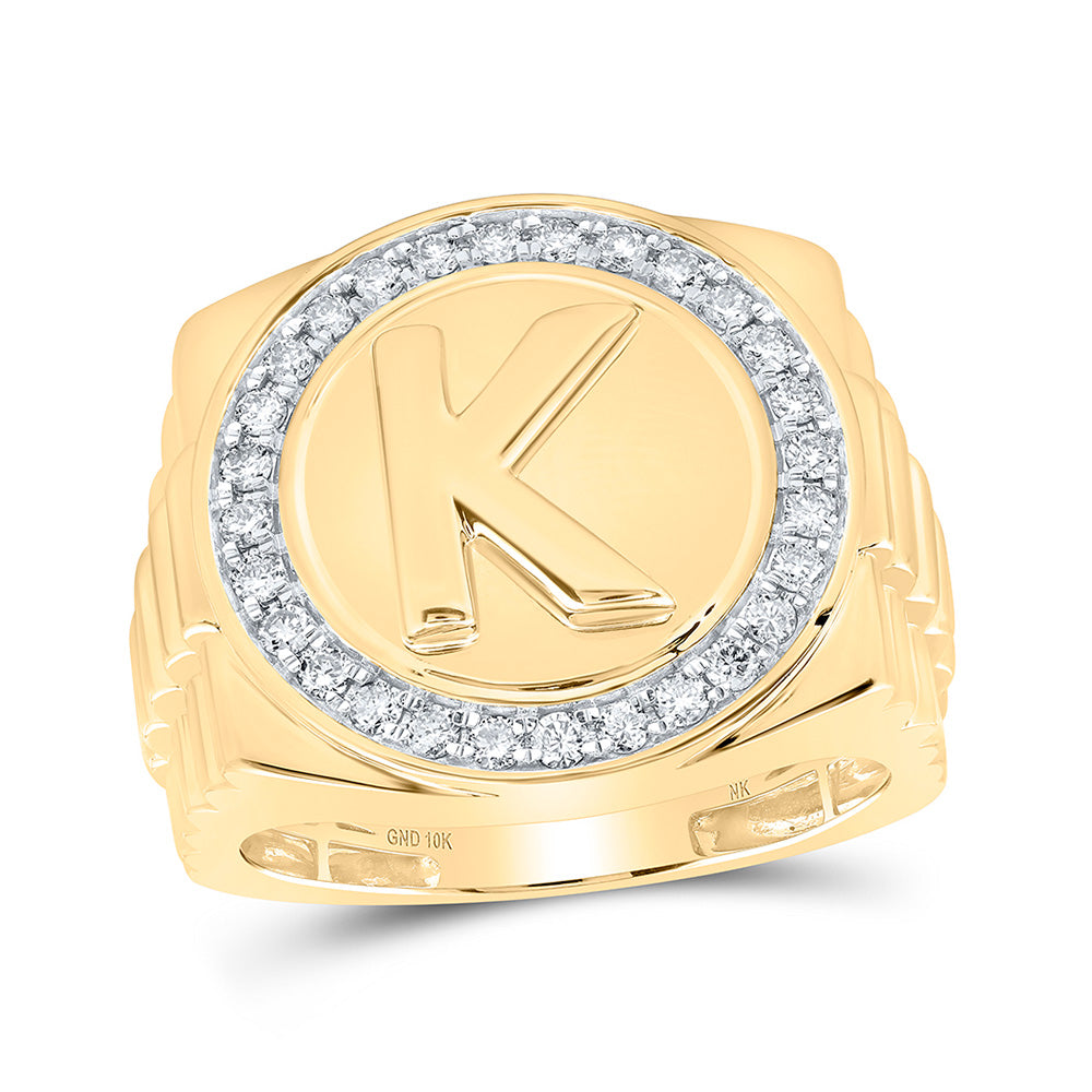10K Yellow Gold Mens Round Diamond Letter K Circle Ring 1/2 Cttw, Mens Size: 7-13