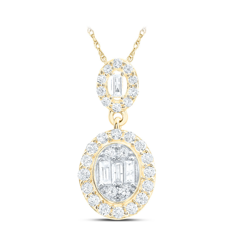 14K White Or Yellow Gold Womens Baguette Diamond Oval Pendant