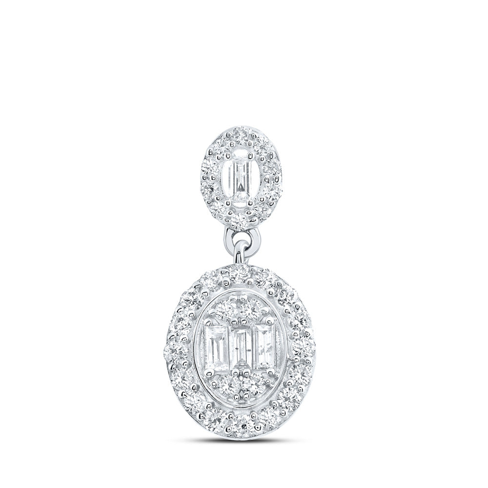 14K White Or Yellow Gold Womens Baguette Diamond Oval Pendant