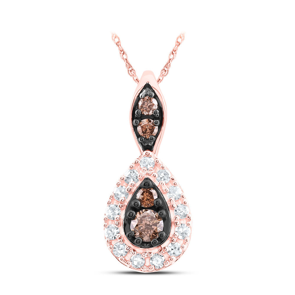 10K Rose Gold Womens Round Brown Diamond Teardrop Pendant 1/5 Cttw