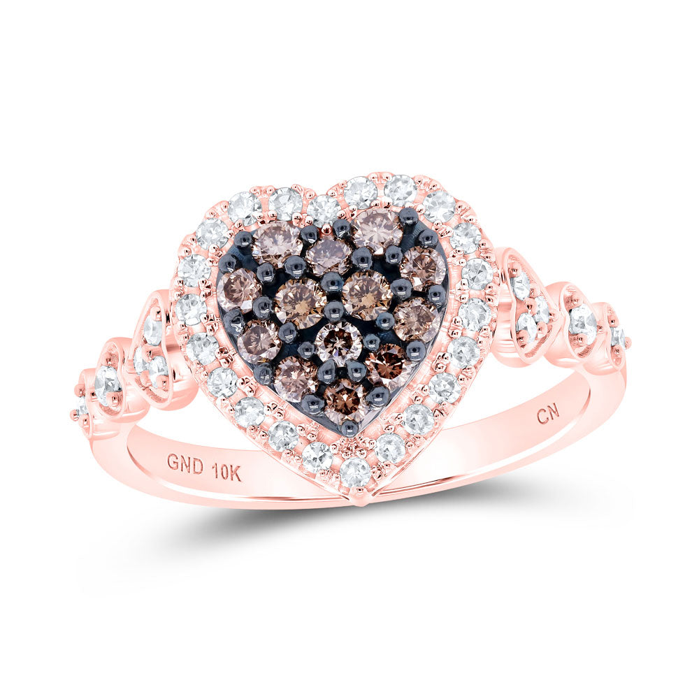 10K Rose Gold Womens Round Brown Diamond Heart Ring 1/2 Cttw, Womens Size: 5-10