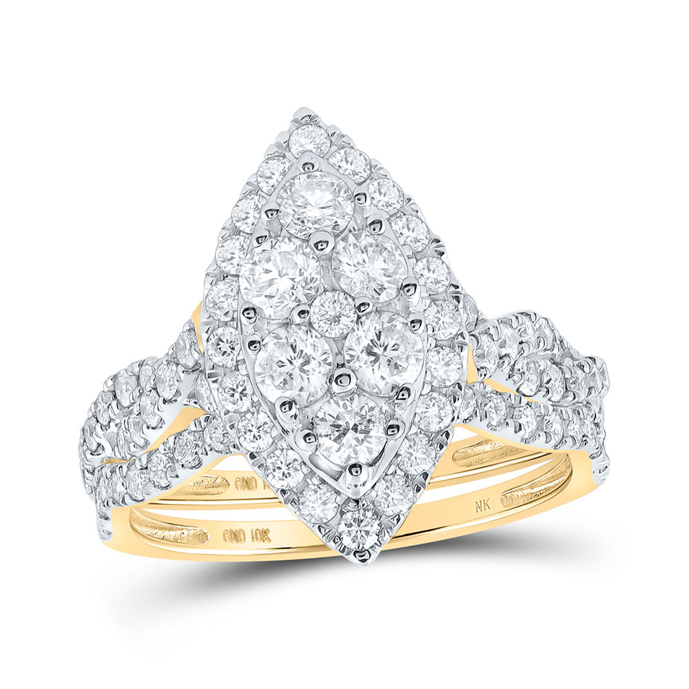 10K Yellow Gold Round Diamond Marquise-shape Bridal Wedding Ring Band Set 1-1/2 Cttw, Womens Size: 5-10