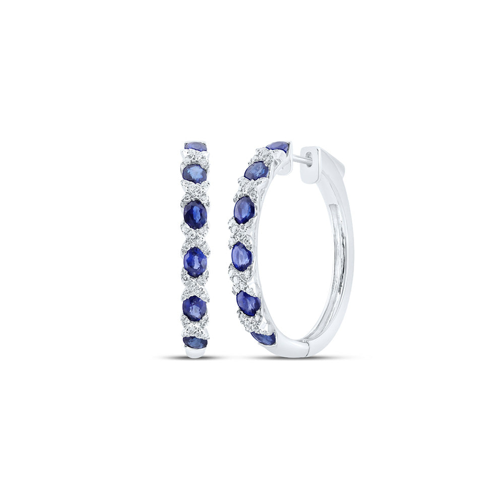 14K White Gold Womens Oval Blue Sapphire Diamond Hoop Earrings 3-1/3 Cttw